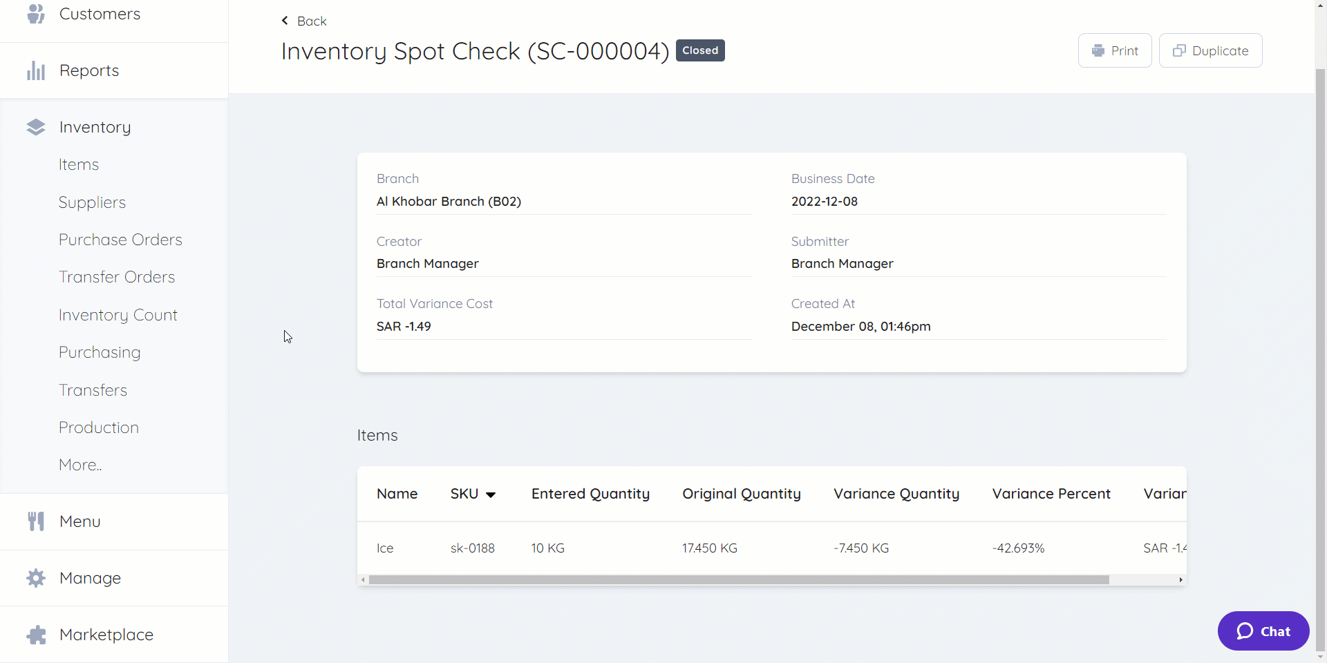 Inventory Spot Check – Foodics - Help Center